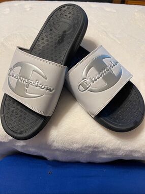 Champion White Slides with Silver Logo and Black Footbed